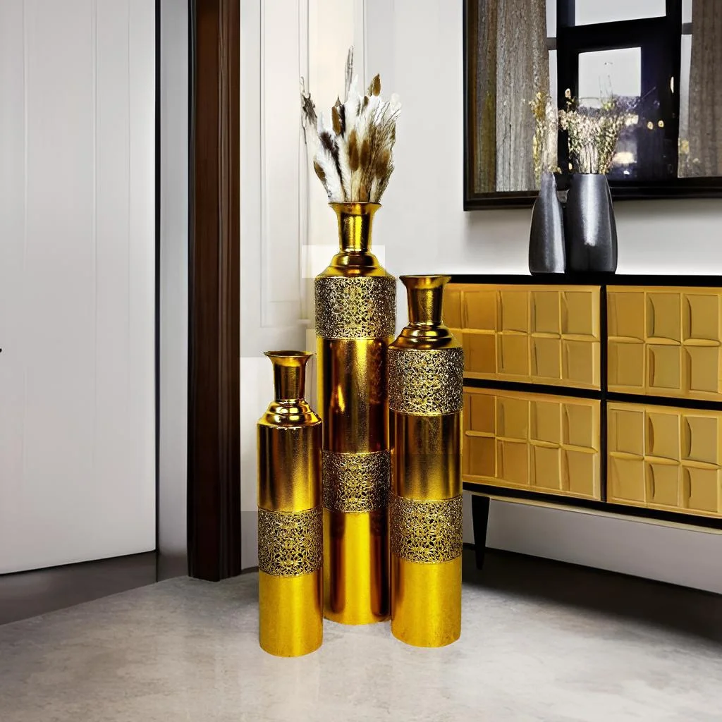 Lander set of 3 Handmade Luxury Tall Metal Big Large Floor Vase European Golden Decorative Metal Vases