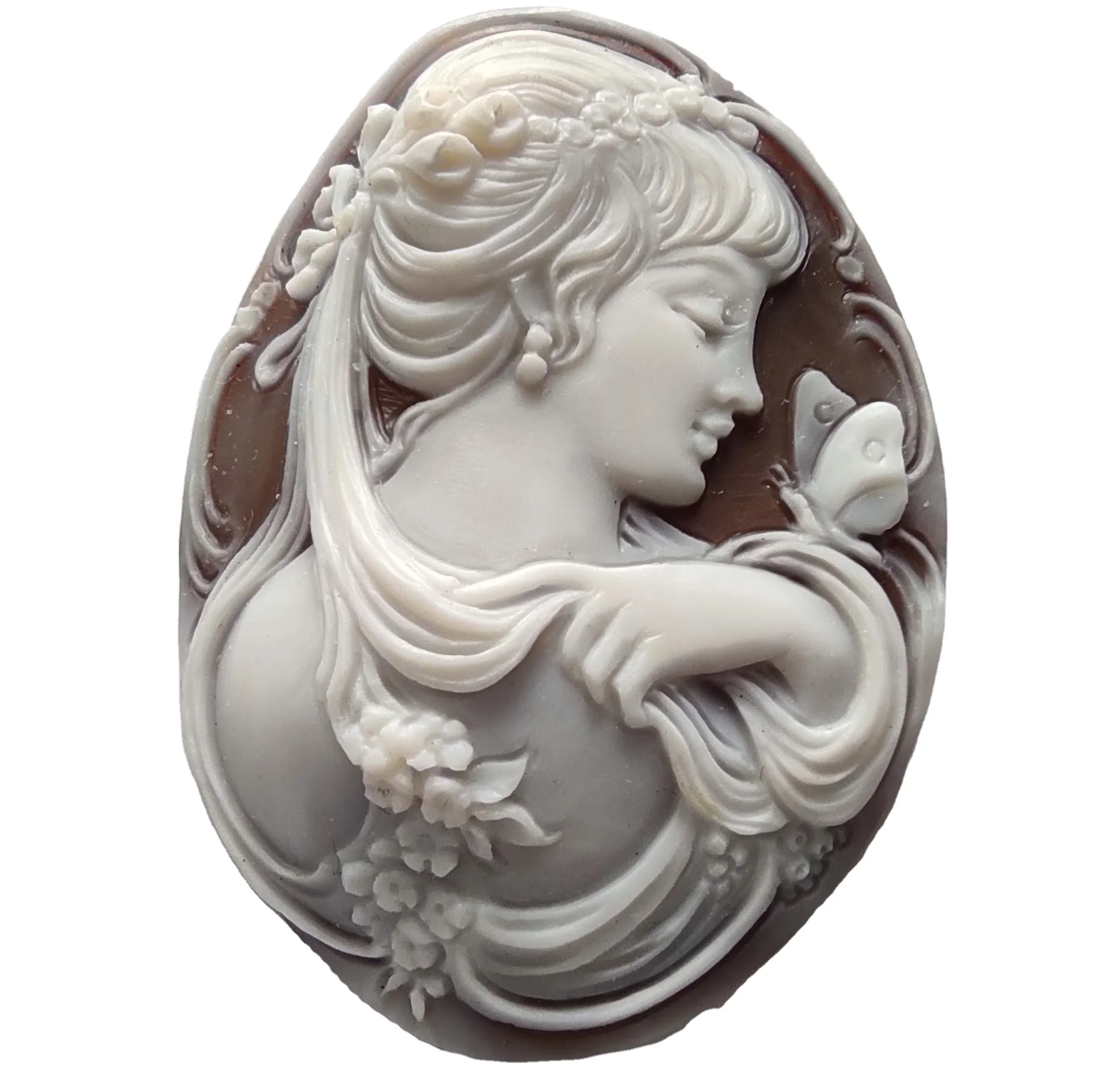 Italian Sardonyx Shell Cameo from Torre del Greco Italy depicting lady with butterfly. Custom made cameos available