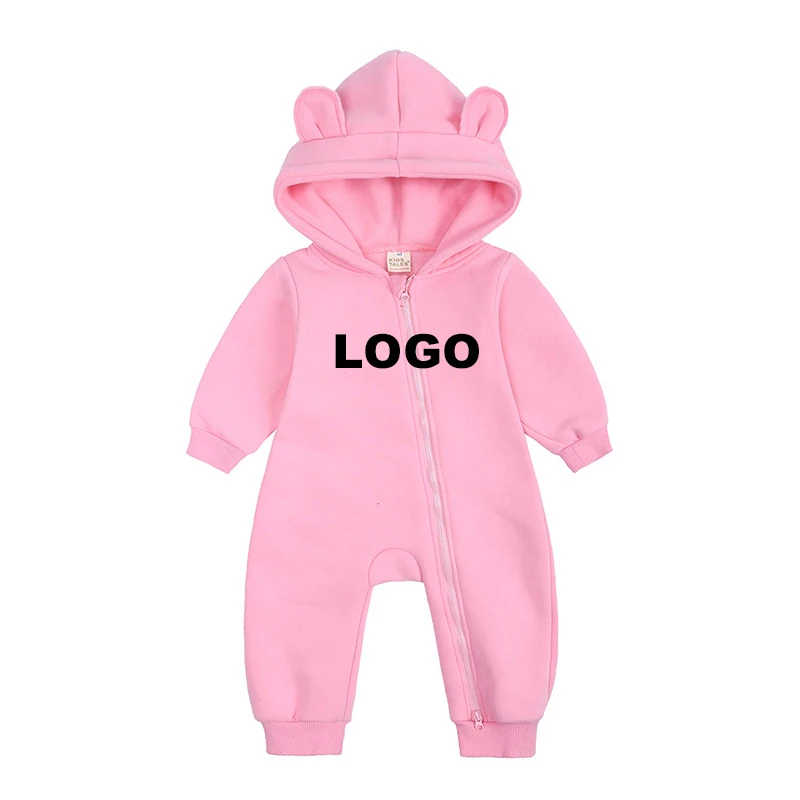 Custom LOGO Newborn Baby Girls Boys Bodysuit Winter Jumpsuit Solid Bear Ear Kids Clothes Hoodie Baby Rompers Set