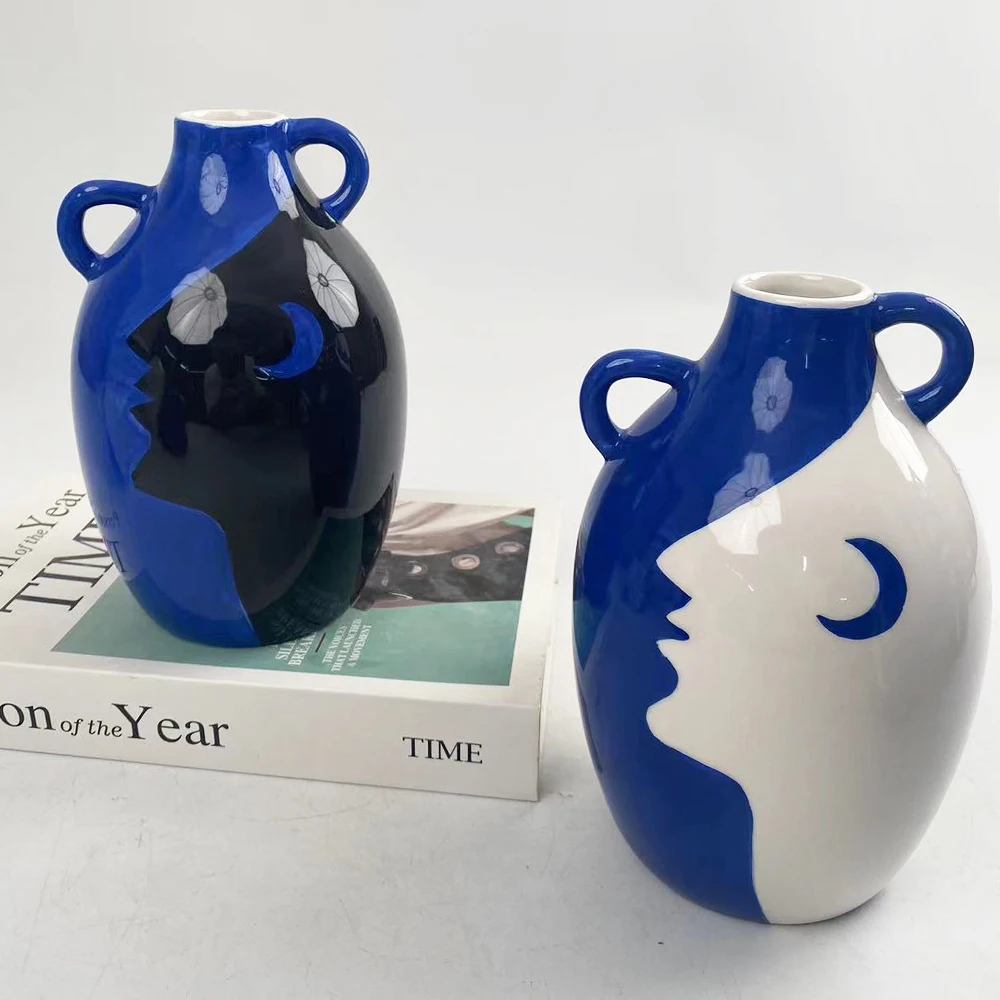 Blue Ceramic Vase with Character design Patterns Modern Chinese Ceramics for Home Decor