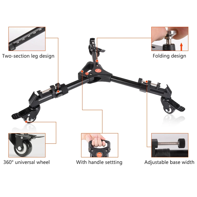 Coman Heavy Duty Dolly Camera Tripod Pulley Bearing Wheel Folding 3 Wheels Slider Tripod Dolly for Video Stand with Portable Bag