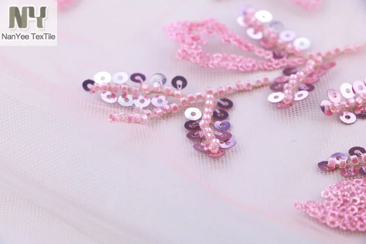 Nanyee Textile Luxury African French Lace Embroidery Light Pink Floral Beads Fabric For Dress