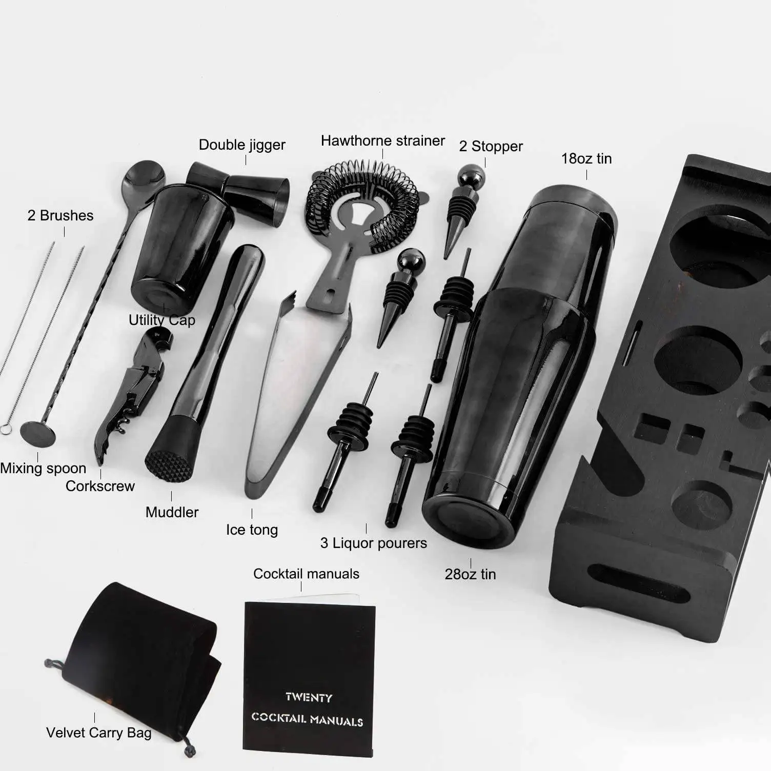 Wing Shung 18-Piece Cocktail Shaker Set Perfect Home Bartender Kit for Drink Mixing Stainless Steel Bar Tools With Stand,Velvet