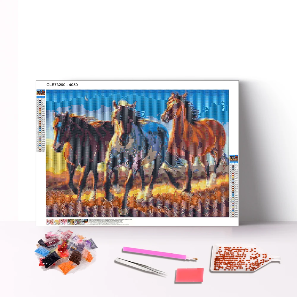 Customized 5D Diamond Painting Three Running Horse On Canvas Personal Custom Picture Round Full Drill Diamond Painting For Adult