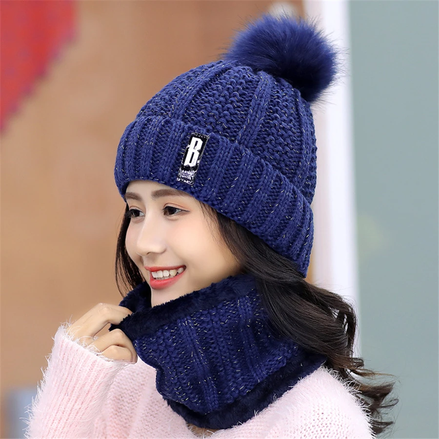 Winter Women Knitted Beanie Hat Female Letter Bonnet Beanie Caps Girls Warm Knitted Scarf Hat Set Custom Logo
