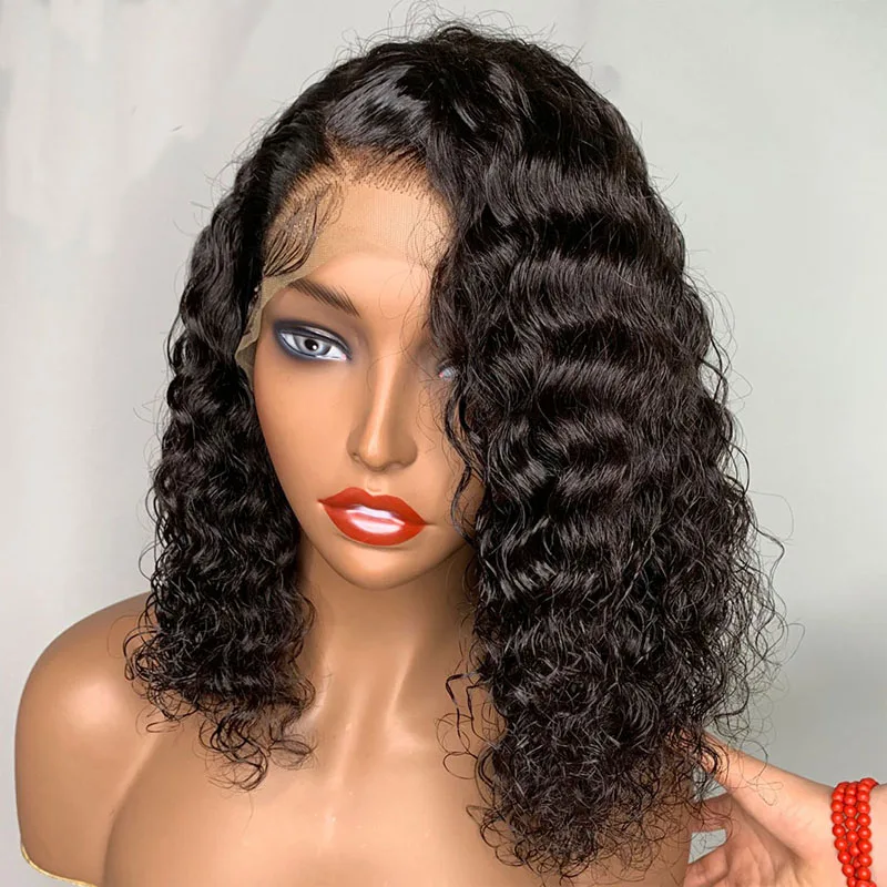 Natural Black 12Inch Cut Short Natural Wave Glueless Side Part 13x4Lace Front Wig With Baby Hair For Women Daily WIg 180%Density