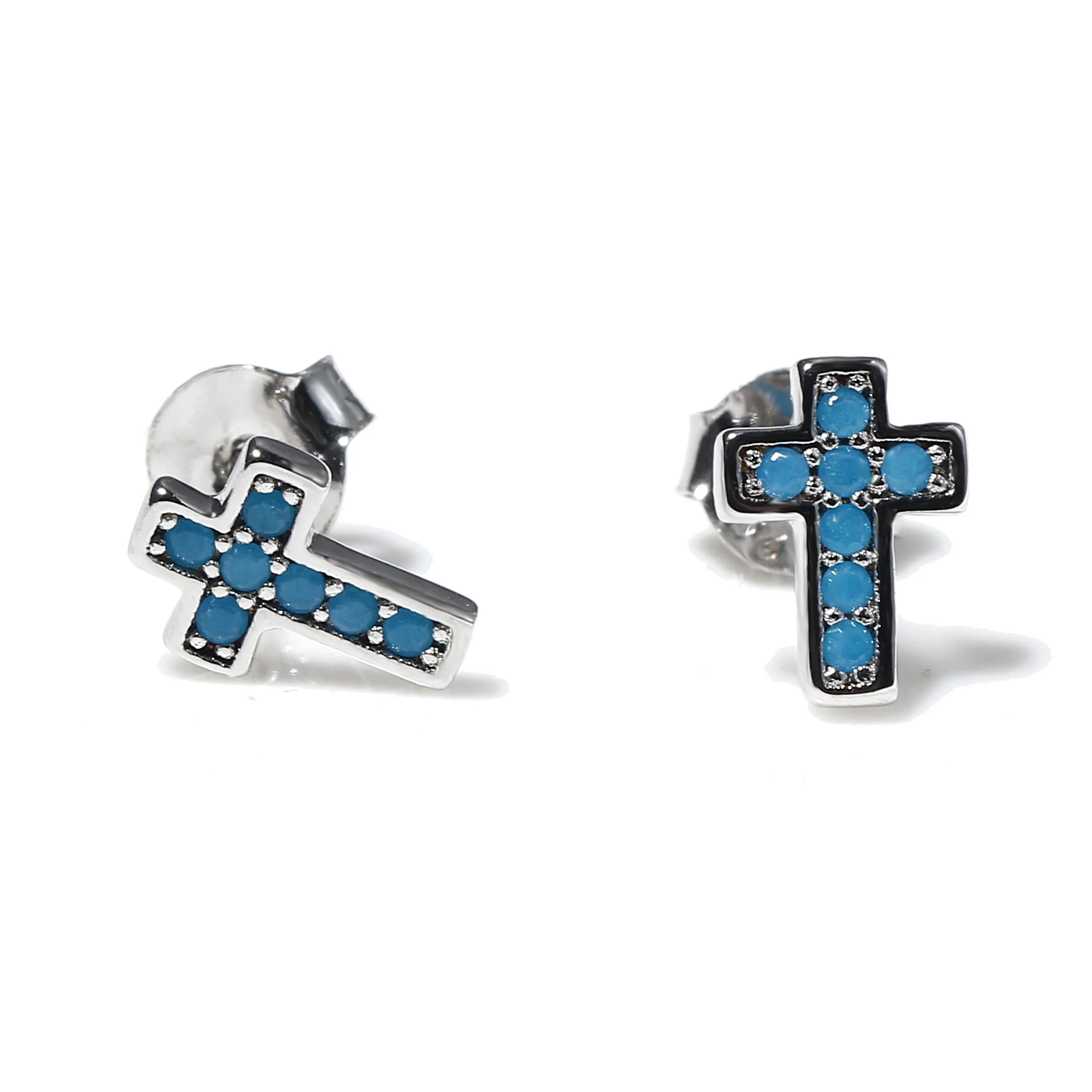 Wholesale Blue CZ Stud Earrings Gold Plated Sterling Silver Cross Earrings for Womens Girls Customized Cubic Zirconia Jewlry