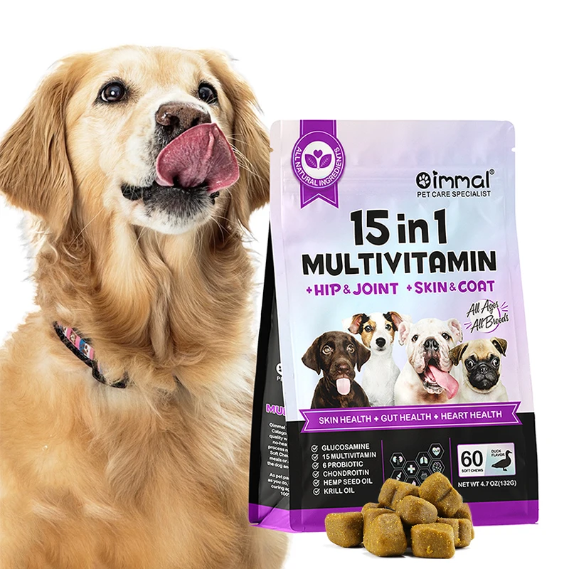 Wholesale Pet Food Herb 6 Probiotics Gut Health Chewable 60 Soft Chews 15 In 1 Multivitamins for Dog Skin Care and Heart Health