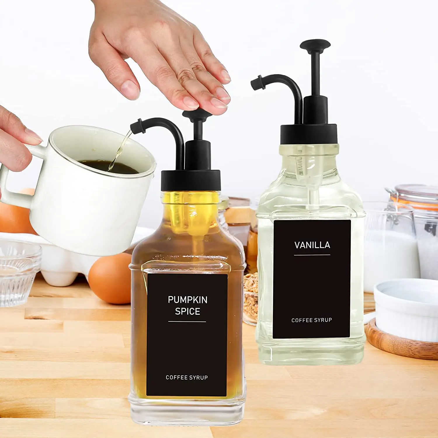 Wholesale Food Storage Coffee Syrup Dispenser Glass Bottle With Labels 2 Pack 16.9oz Square For Coffee Bar