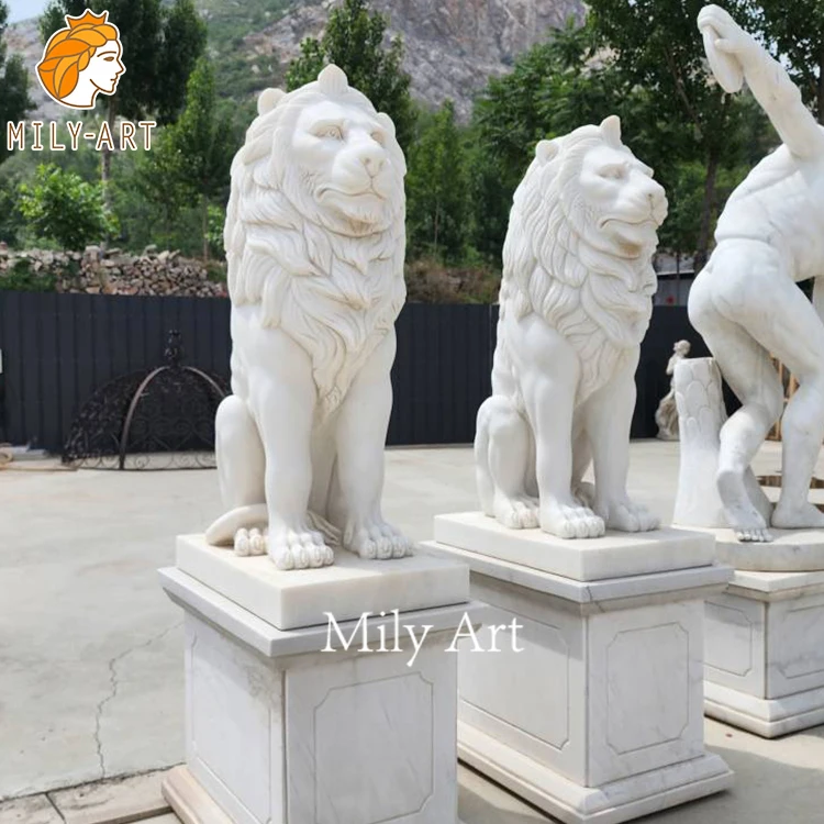 Wholesale Hand Carved Life Size Front Door Lion Statue Sculpture in Marble