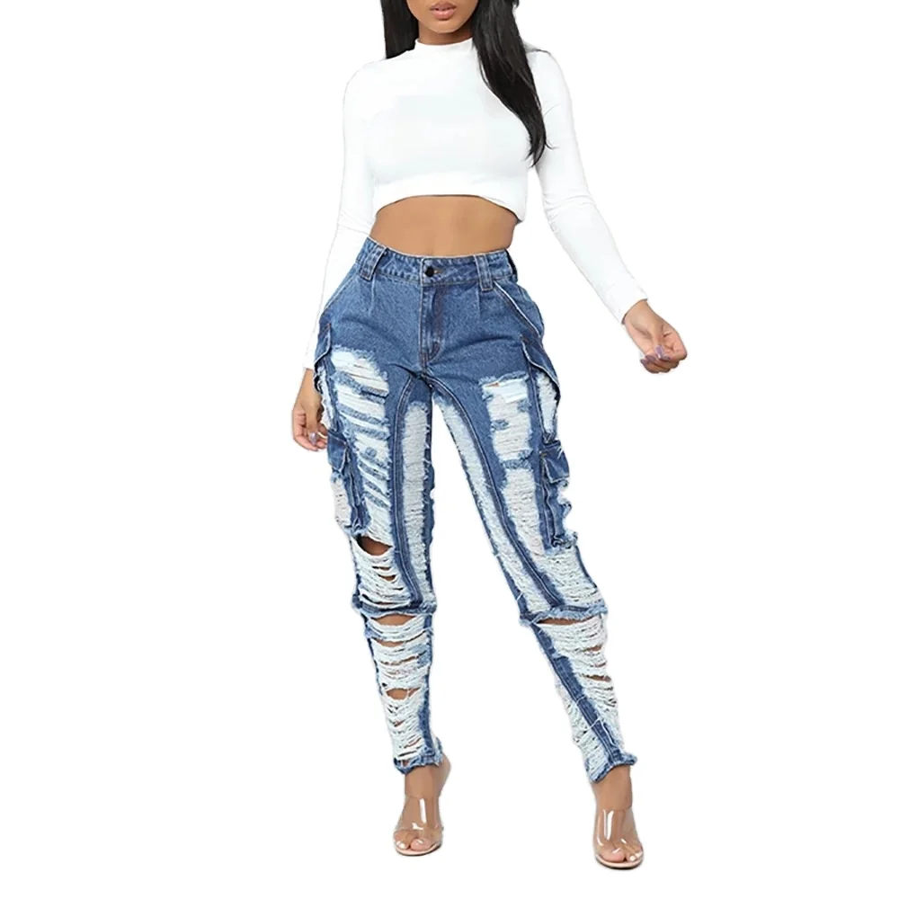Xuhui Индивидуальные женские брюки большого размера с высокой талией состаренные длинные узкие женские джинсы