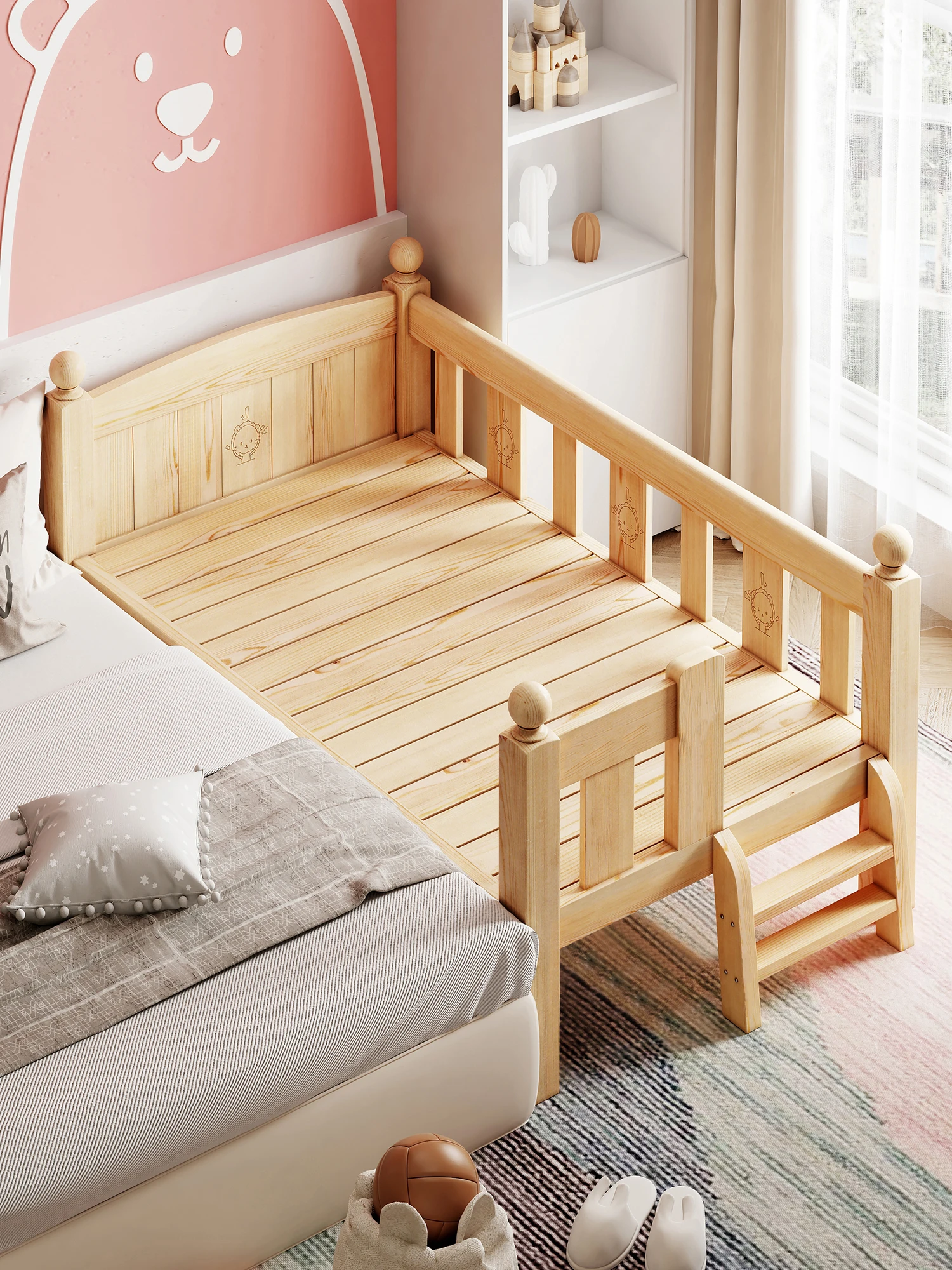 Children home living room  natural solid wood modern baby bed  with guardrail