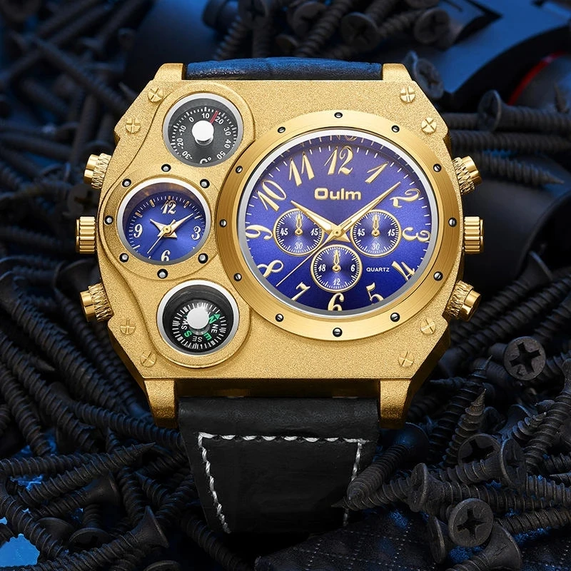 Oulm 1349 Big Dial Sport Watches Men Luxury Brand Quartz Wristwatch Decorative Compass casual Leather Watch Male Clock