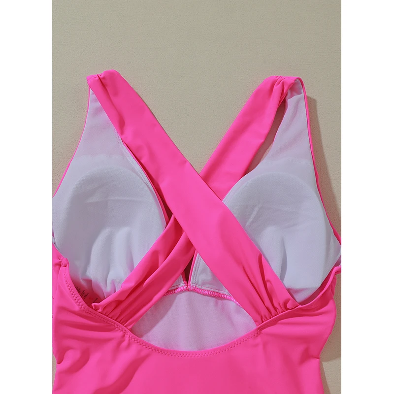 Dear-Lover Summer Beach Wear Wholesale Girls Solid Color Crossover Backless Ruched One Piece Swimsuits For Women