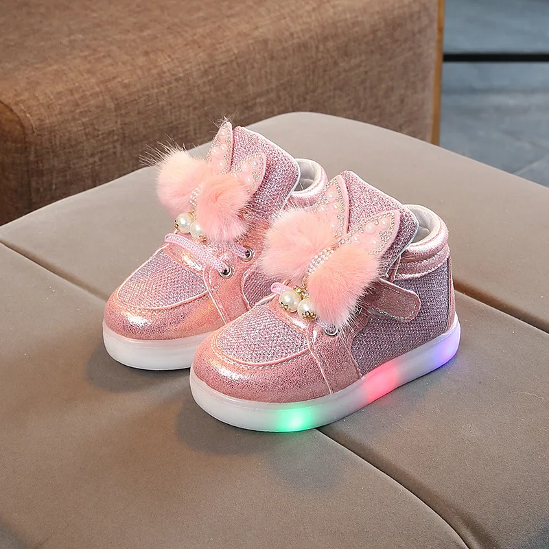 Wholesale luminous sneakers Princess girl collar boots Children luminous shoes Outdoor casual walking shoes