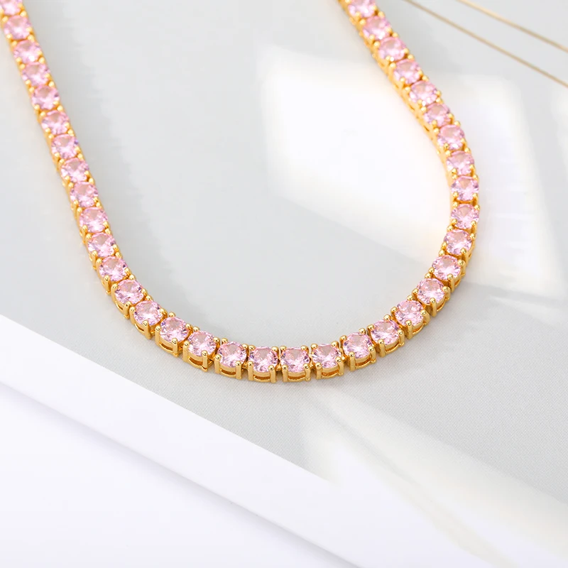 Оптовая продажа, шикарная цепочка для тенниса с кубическим цирконием, ожерелье из белого золота, ювелирные изделия для женщин, розовое ожерелье с бриллиантами