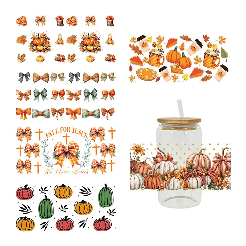 23*11CM Oil Painting Bow Pumpkin Harvest Halloween Uv Dtf Transfers Waterproof Stickers For Cups Wraps Sticker Printing