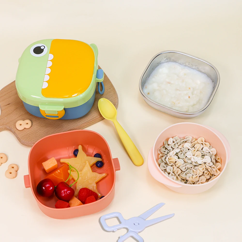 Plastic Stainless Steel Baby Feeding Product Tableware Food Warmer Bento School Lunch Insulated Bowl Set With Lid Spoon For Kid