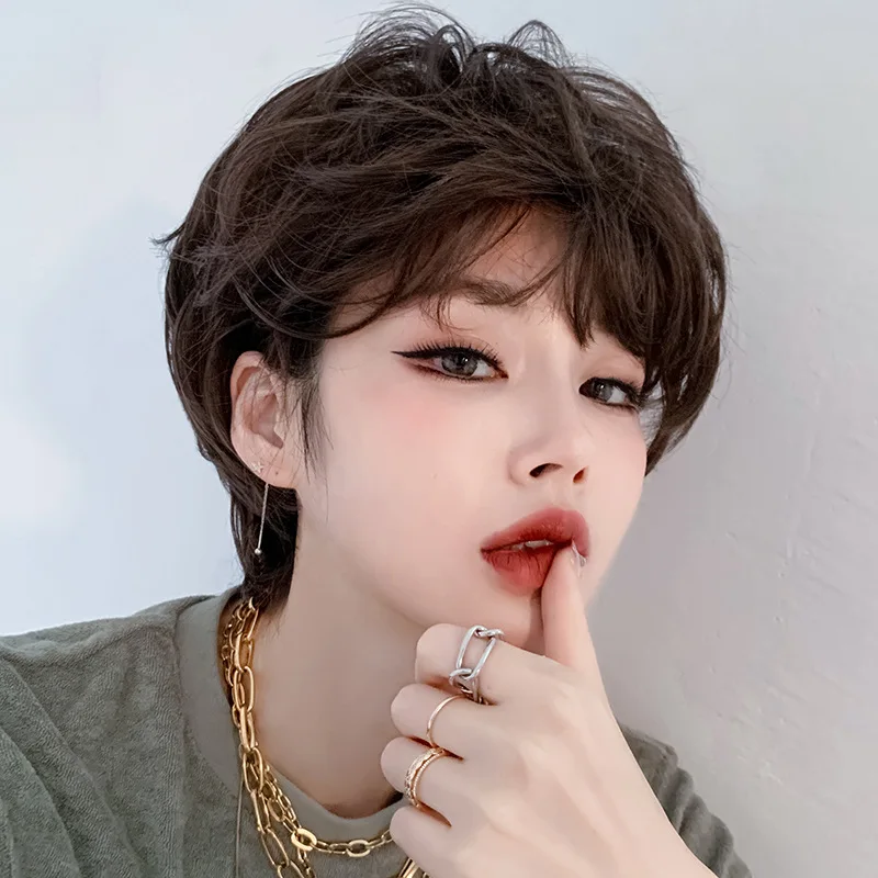 Ainizi Korean style 28cm short cold brown fashion synthetic hair wigs with bangs for women