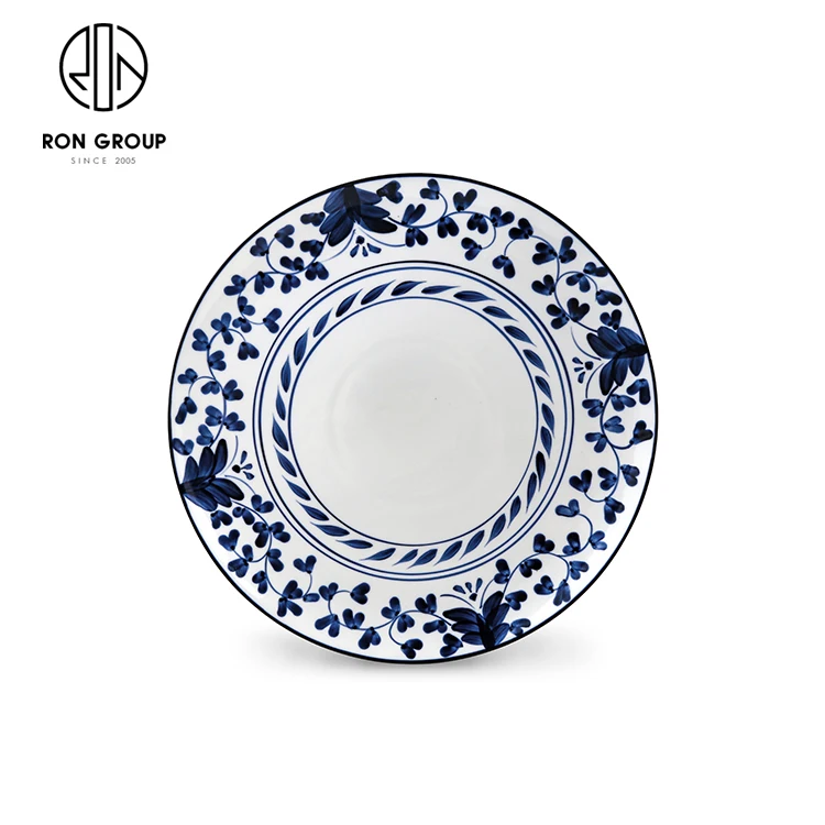 Restaurant Round Shape Blue Color Custom Printed Ceramic Plate