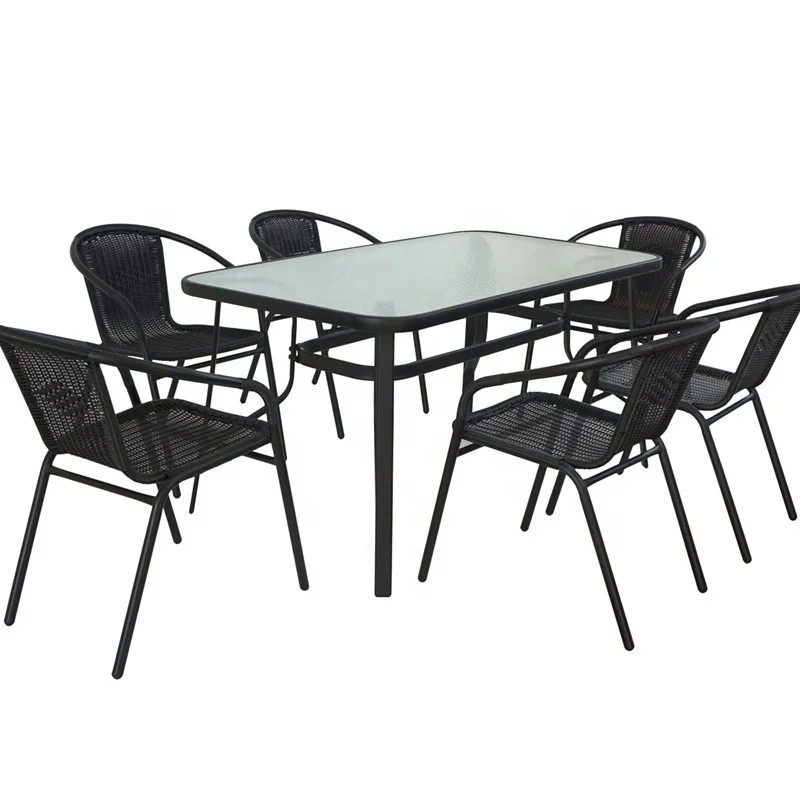 Patio Rectangular Tempered Glass Dining Table Set 150X90CM Big Size For 6Pcs Seat