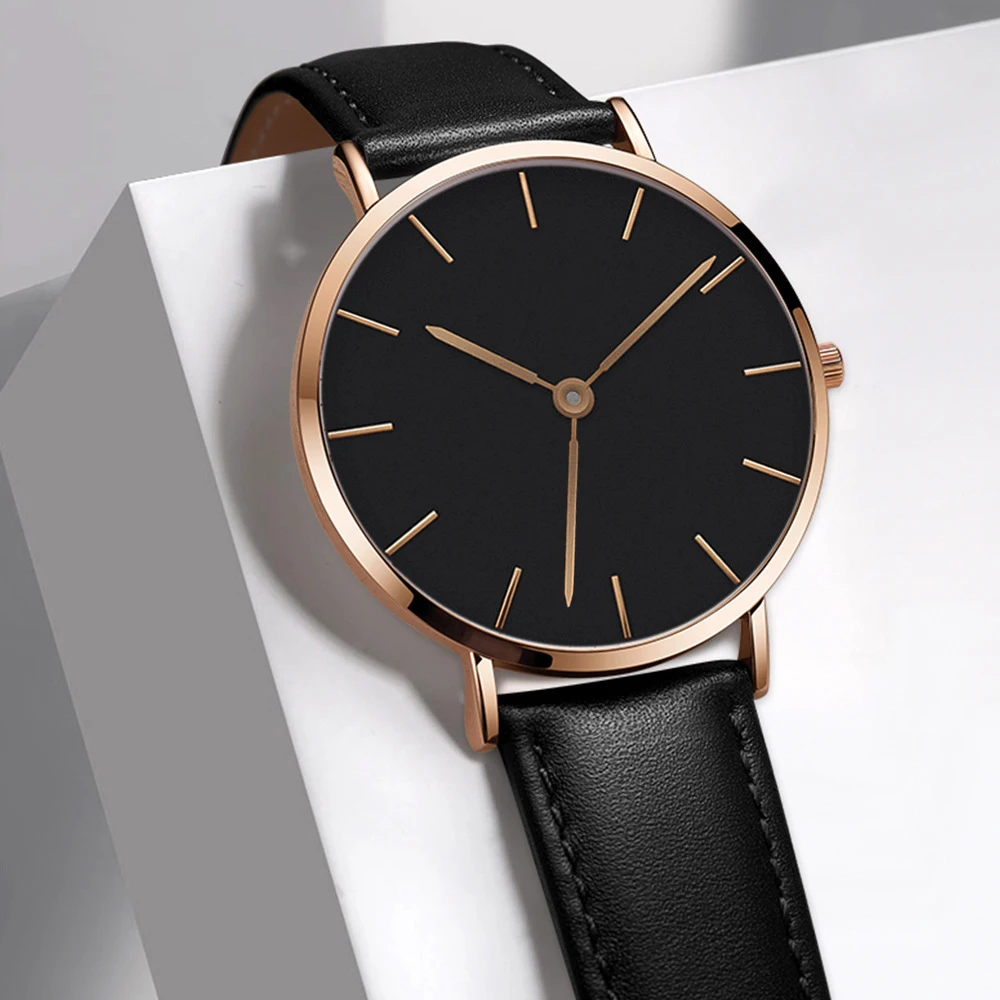 High quality Minimalist Thin Watch Custom Logo  Leather Band Strap Customize Quartz Men and Women Simple Watches NO LOGO