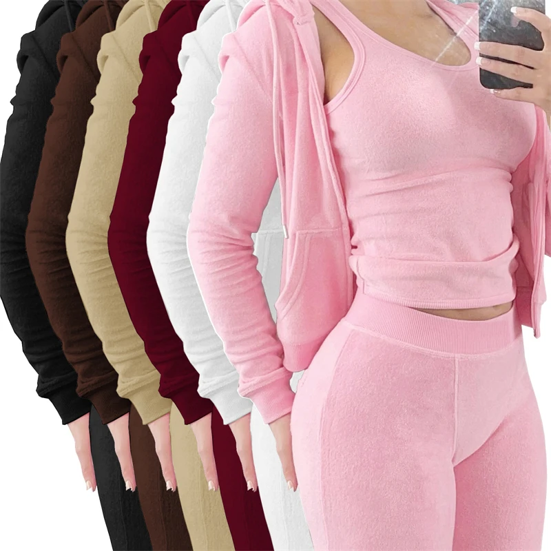 Aoyema Fall Loungewear Suit Solid Color Zip up Hoodie 3 Piece Set Women Terry Towel Sweatpants and Hoodie Set