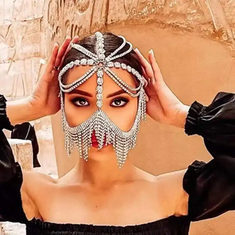 Party Mask Photo Decoration Props Belly Dance Headdress Veil Sexy Rhinestone Tassel Mask