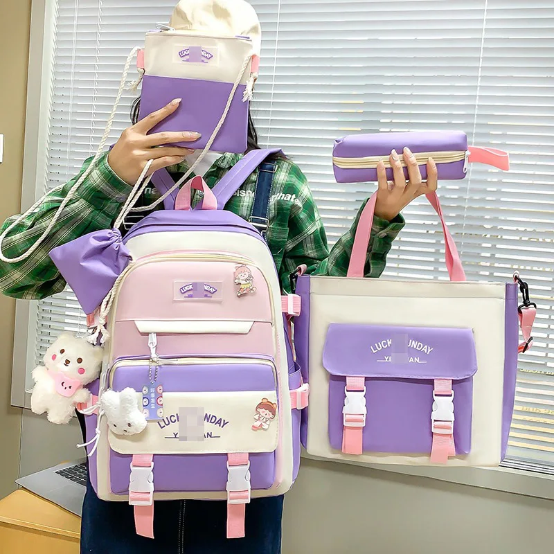 5Pcs Kawaii Backpack Set for Student with Cute Accessories, School Bags Backpack for Teen Girls Back to School Supplies