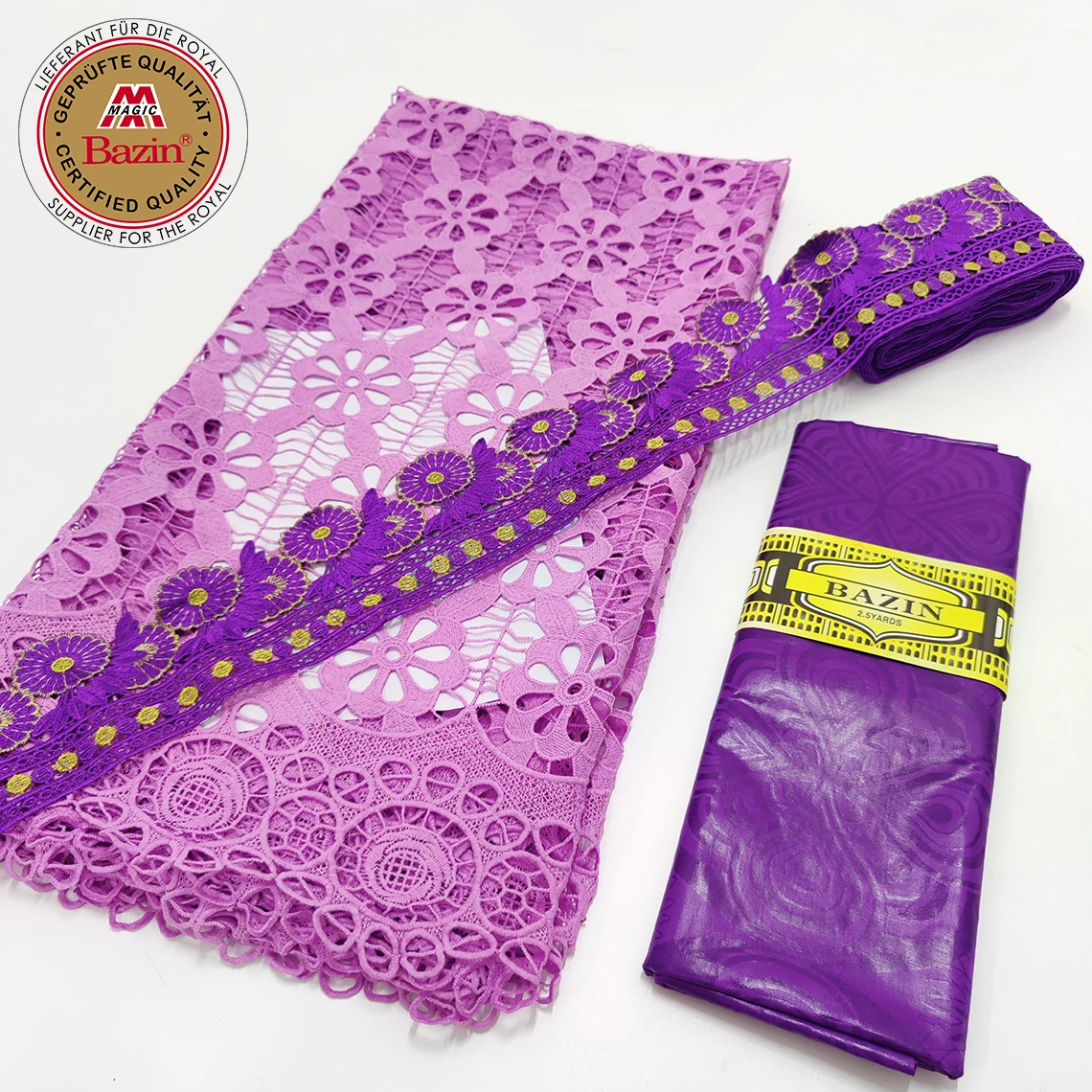 5+2.5+2.5 Yards Bazin Riche Fabric With Ribbon  With Embroidered Printed Milk Lace For Indian Guinea Evening Gown Lady Dress Ma