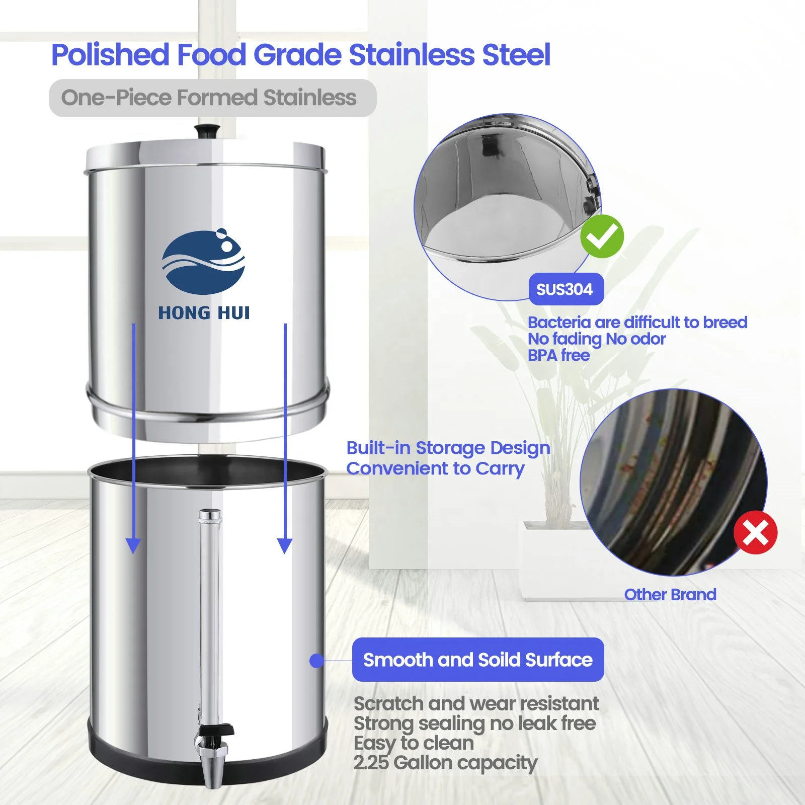 HONG HUI LT-2.25B NSF Certificate Water Filter System Gravity Fed Water Filtration System Remove Fluoride, Chlorine, Bacteria,