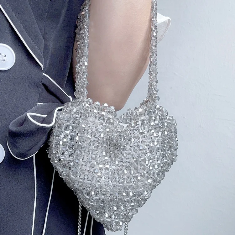 MoyaMiya hot selling handmade macrame silver heart crystal beads shiny bag crochet fashion handbags