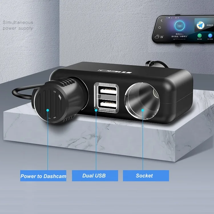 Manufactory Wholesale 12v/24v Car Cigarette Lighter Socket Splitter Charger Power Adapter USB Port with LED Light