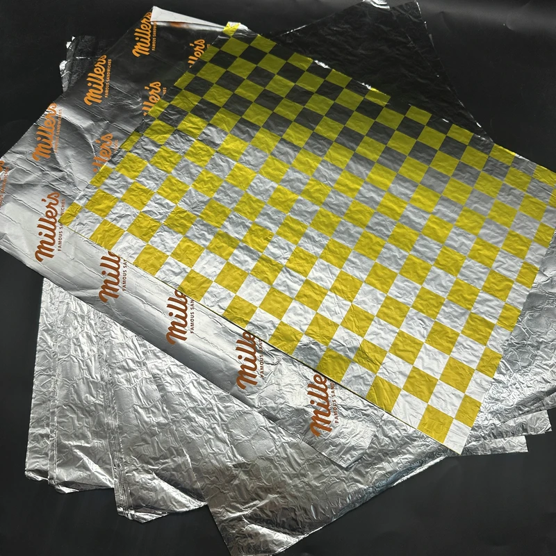 Disposable food grade burger sandwich paper checkered aluminum foil paper wrap greaseproof foil paper