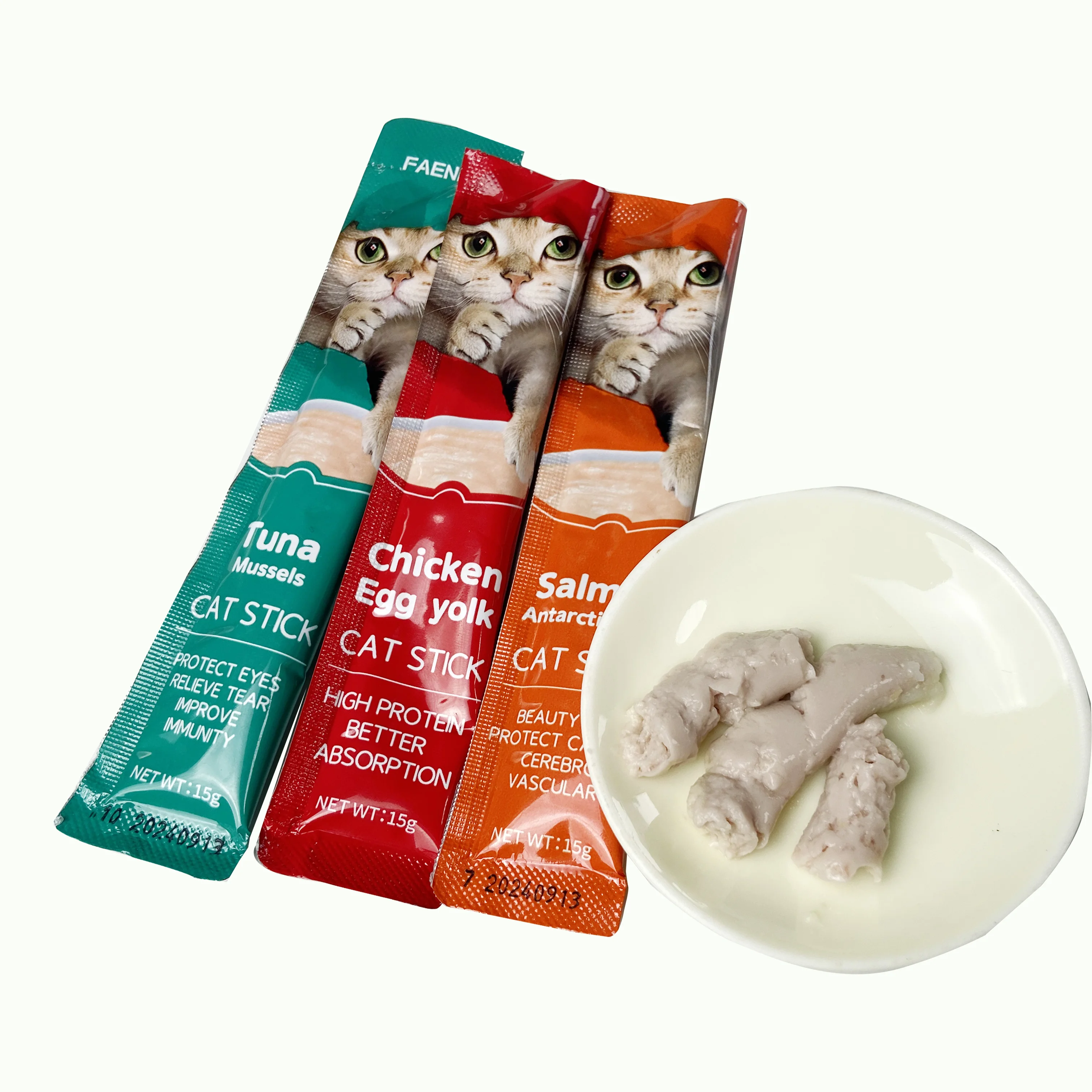 Хит продаж оптовая продажа 15 г еда для кошек лосося тунца курицы