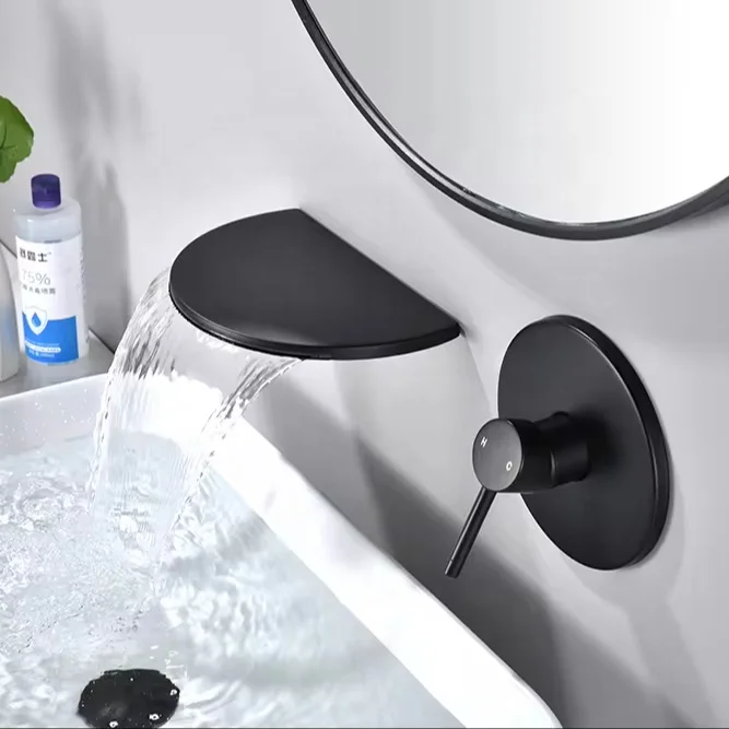 Into the wall concealed round  black  bath mixer waterfall sink kitchen faucet basin taps all copper main smart bathroom faucet