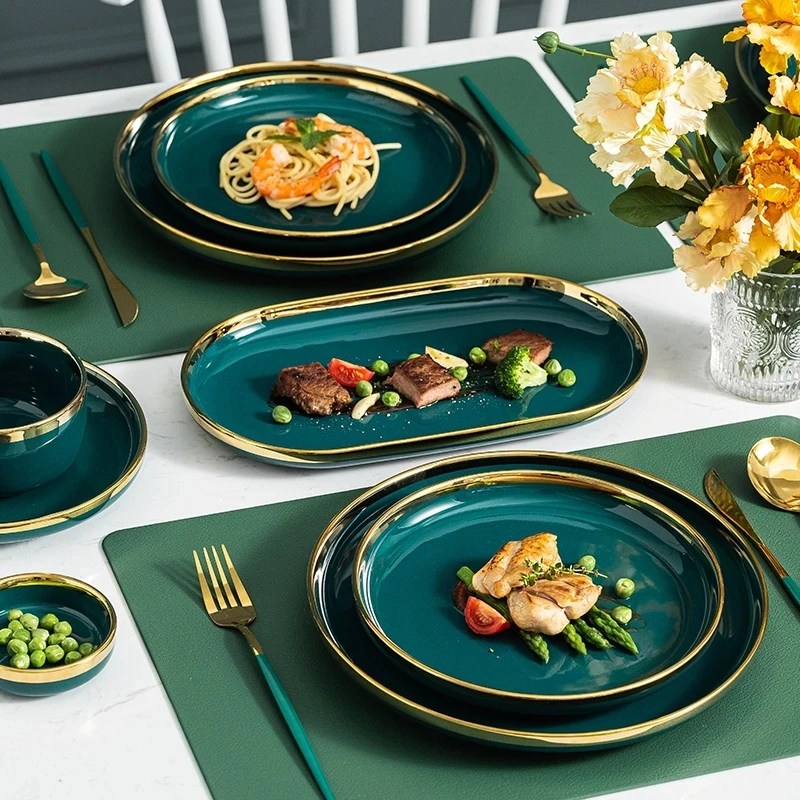 Ceramic Dinner Plates Dinnerware Set Dishes Luxury Green Food Salad Soup Bowl Plate And Bowls Set For Restaurant Hotel