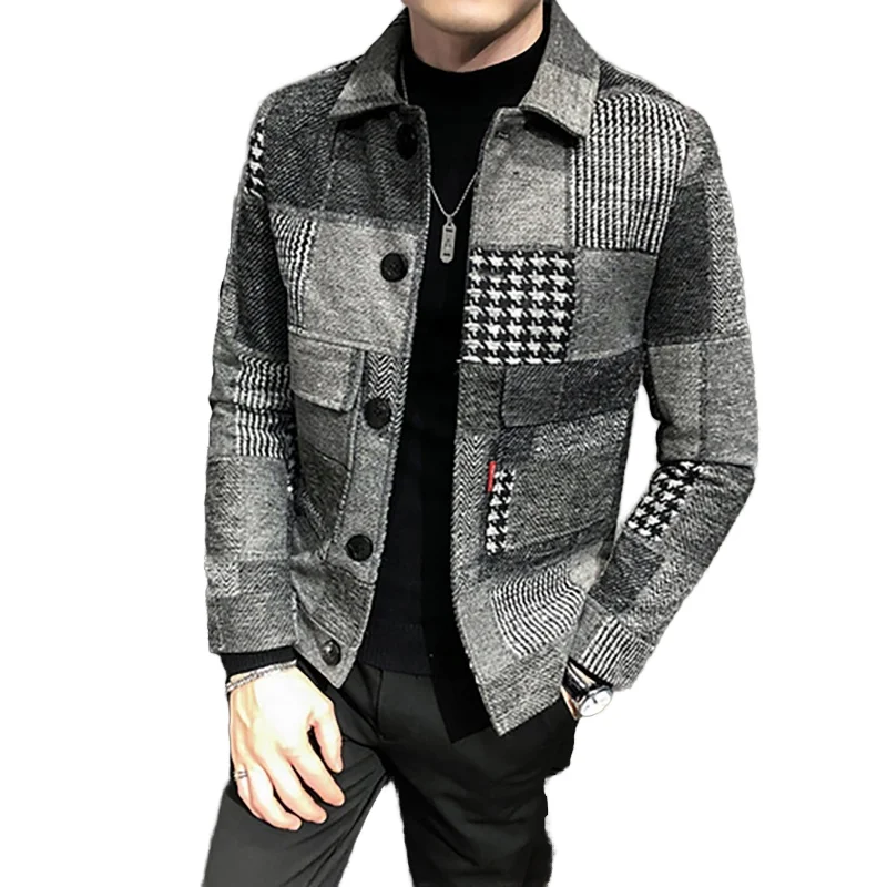 TONGYANG Autumn and Winter New Plaid Woolen Jacket Korean Style Fashion Slim Fit Casual Jacket For Men Lapel Jacket Woolen Coat