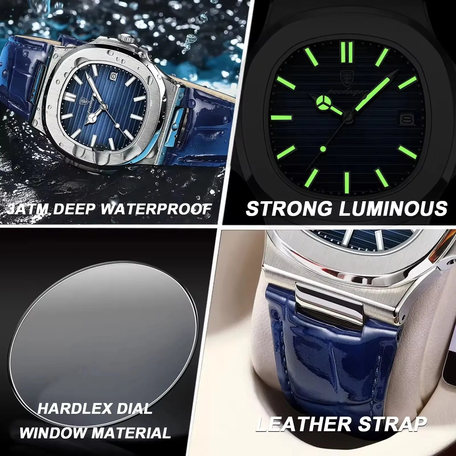POEDAGAR 613 Stainless Steel Calendar Luminous Waterproof Male Clock Brand Fashion Square Dial Watch For Men Luxury Casual Watch