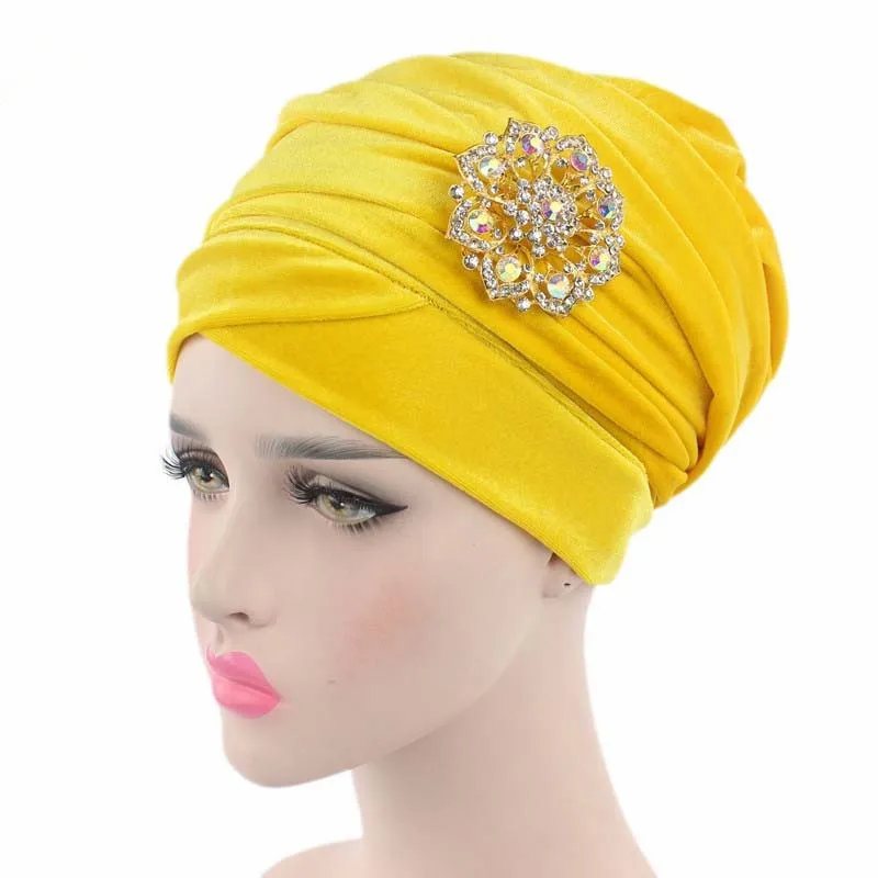 
New style hot sale multi-color velvet long tail wrap head with gold diamond brooch hat 