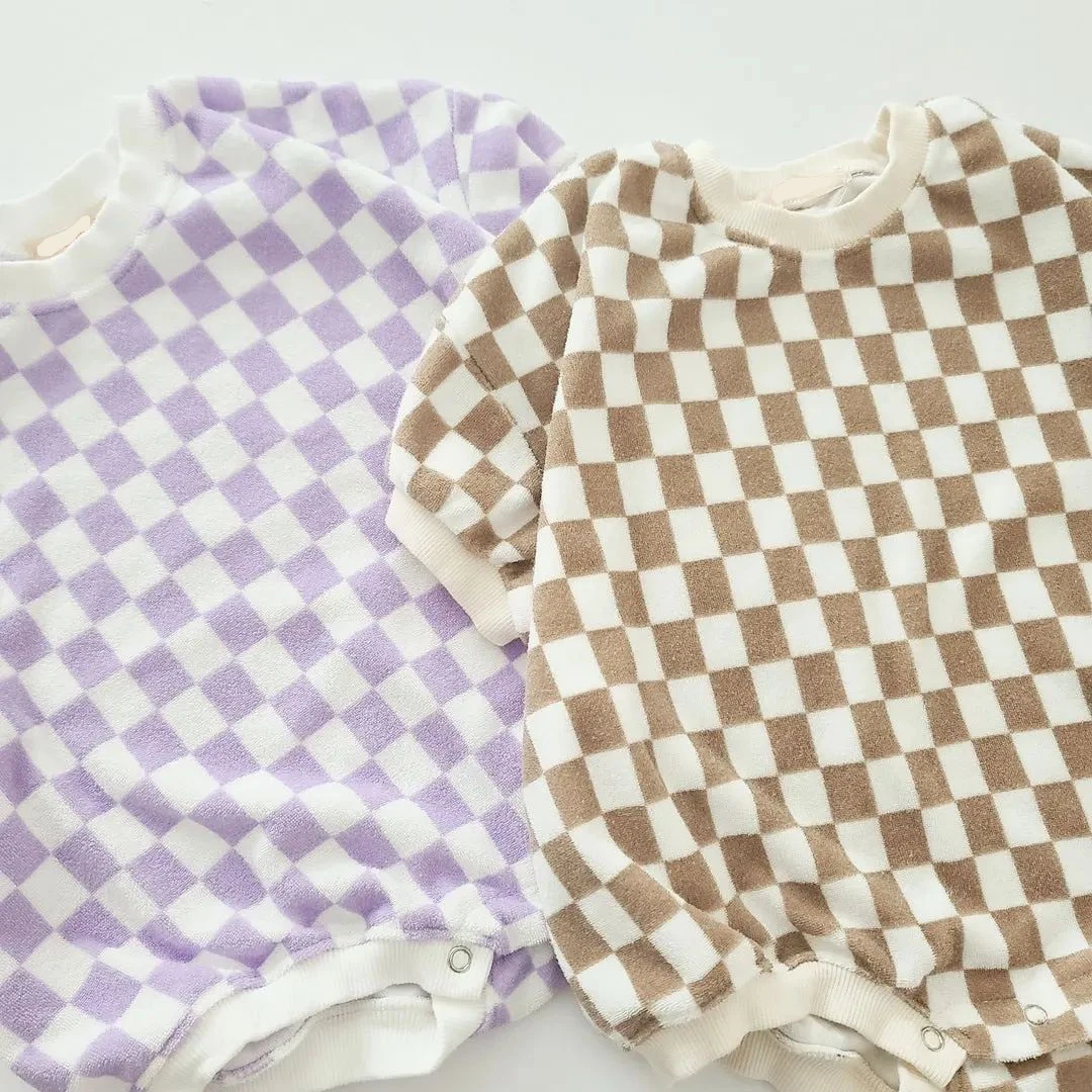 Neutral Baby Bubble Romper Sweatshirt Checkered Towelling Terry One Piece Lounge Cotton Chunky Kids Checkerboard Jumpsuit Chill