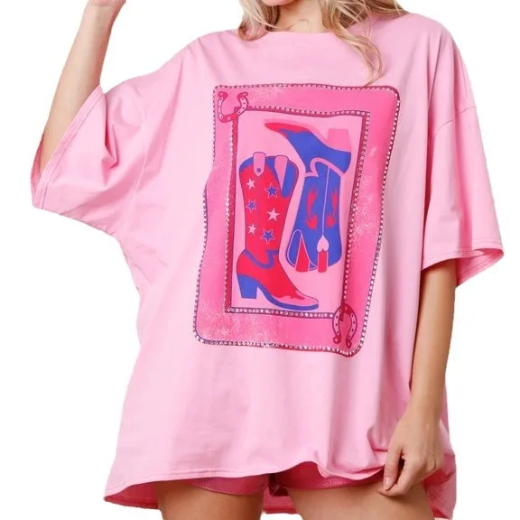 WINGTU Custom Short Sleeve Sequin Shirt Animal Cowboy Boots Print Diamond T Shirt For Women