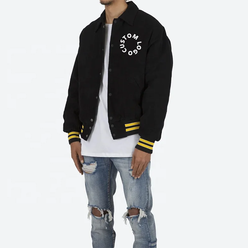 Wholesale Custom Logo Chenille Embroidery Patched Black Patchwork Corduroy Baseball Cotton Letterman Jacket For Men