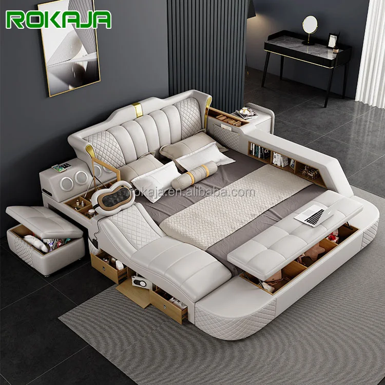 Luxury Leather Multifunctional Bed Modern Bedroom Furniture Double Bed With Massage Chair Adult Sleeper Bed With Speaker