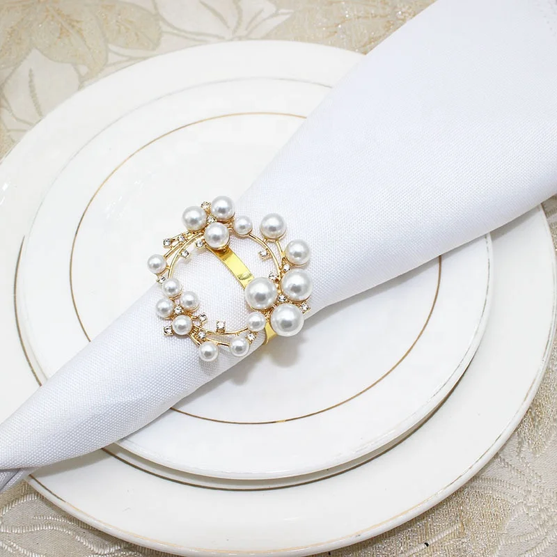 Newest Gold Wreath Napkin Rings Metal Rhinestone Pearl Napkin Ring Holder Flower Napkin Rings Weddings HWP45