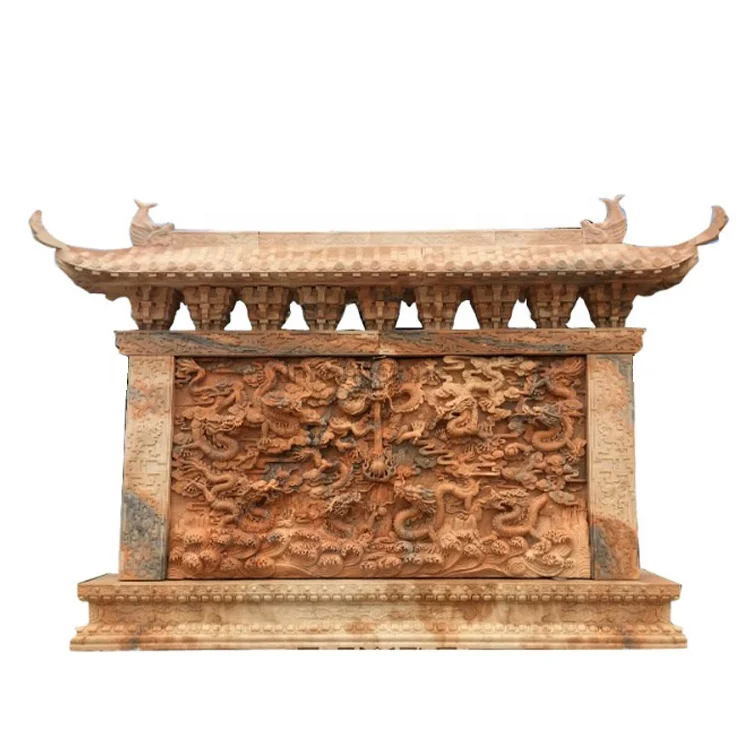 Marble Stone Relief Culture Wall Screen Wall Red Natural Stone Nine Dragon Relief