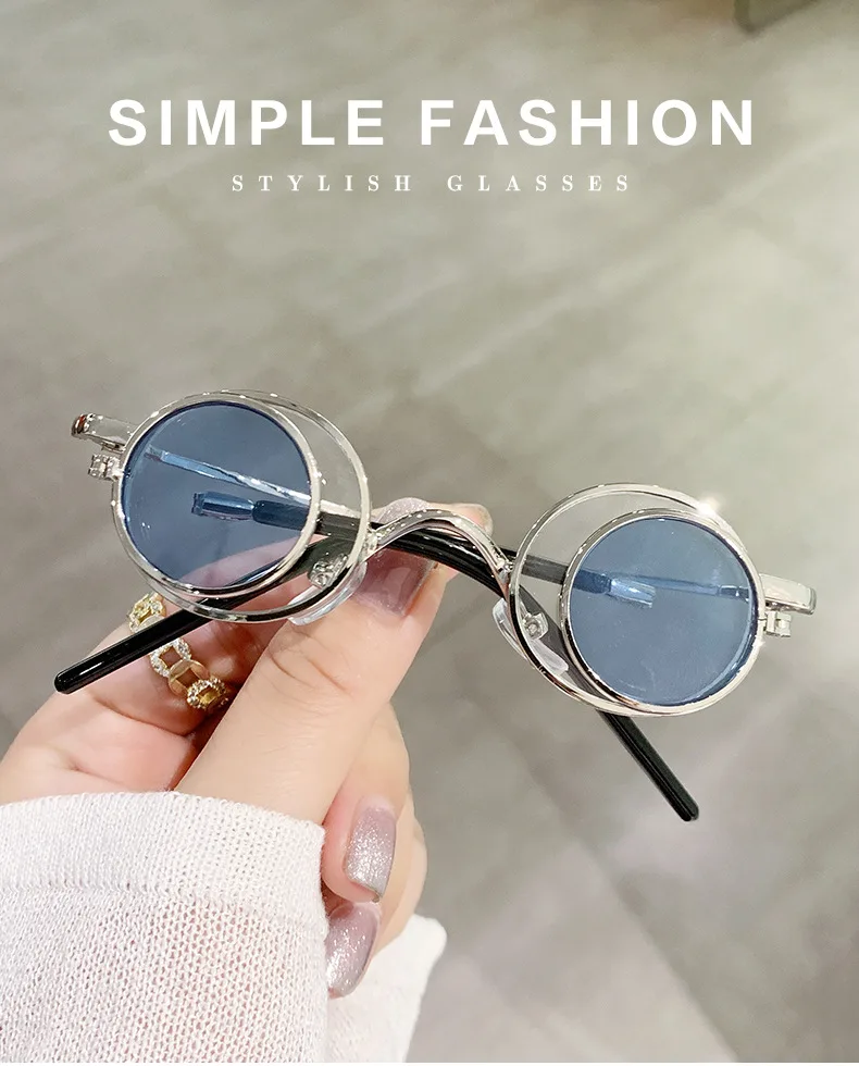 Y2K New Design Folding Lens Sunglasses Trending Women Metal Frame Luxury Retro Classic Round Shades 2023