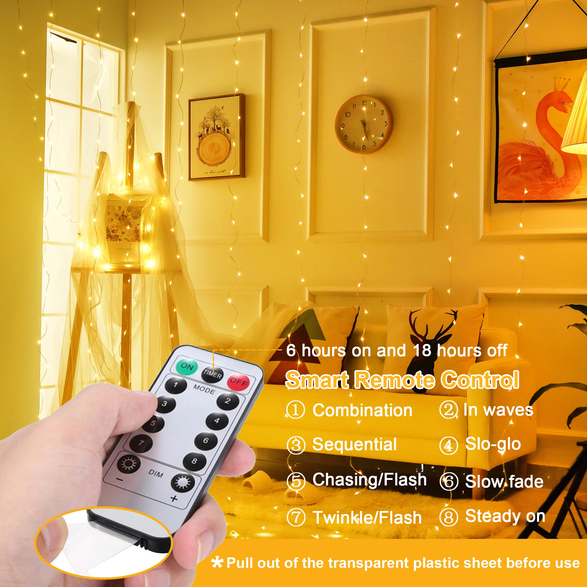 Yiliang Decoration 8 Lighting Modes Fairy Lights 300 LED Remote Control Window Curtain Lights for Bedroom Party Wedding