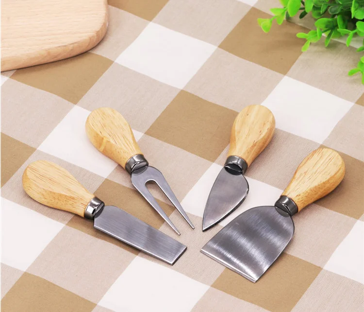 Amazon hot selling Stainless Steel 4 Pieces Set Cheese Knives with natural Wood Handle Cheese Cutter tools