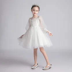 White flower girls birthday party long sleeve embroidery lace piano performance puffy tulle princess dress